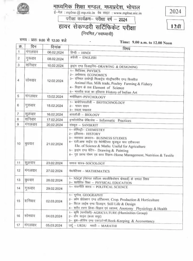 MP Board Class 12th Time Table